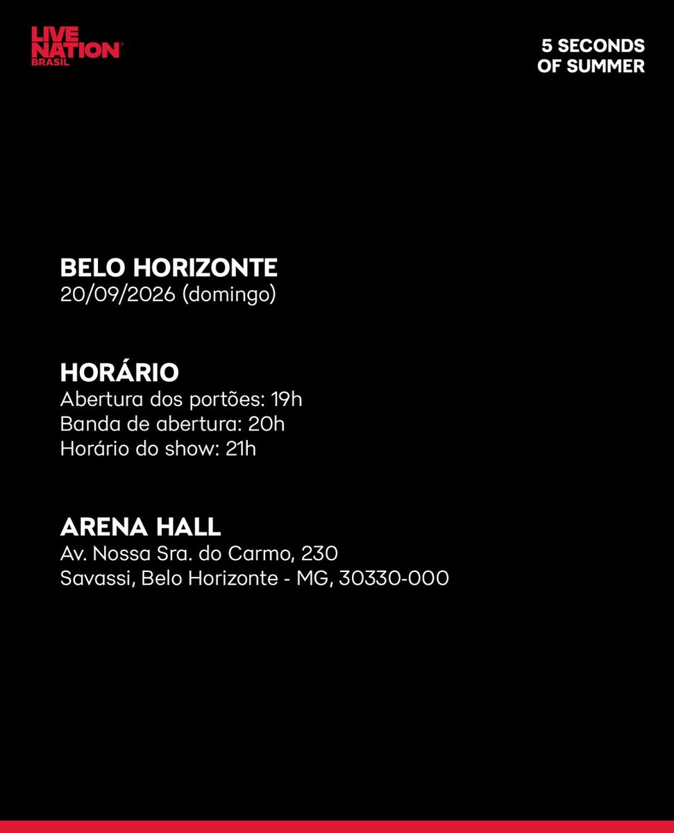 5SOSBrazil's tweet photo. 🚨| Live Nation acabou de postar as informações oficiais sobre a Everyone's a Star World Tour Belo Horizonte: https://t.co/2YjVZZKfpU