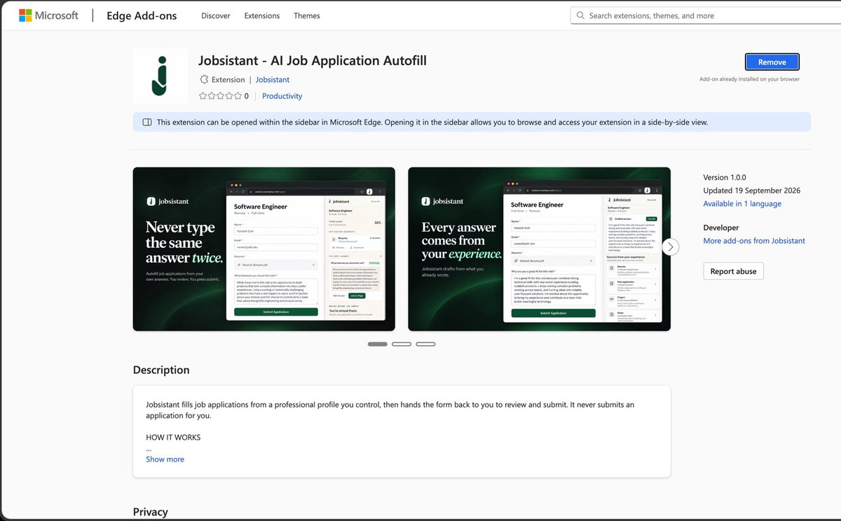 YatharthDixit's tweet photo. Jobsistant just got approved on the Microsoft Edge Add-ons store 🎉

First browser store approval ✅

One more step toward making “never type the same job application answer twice” actually real.

Chrome next 👀

#jobsistant #saas #autofill #jobs https://t.co/9z8hdipcTN
