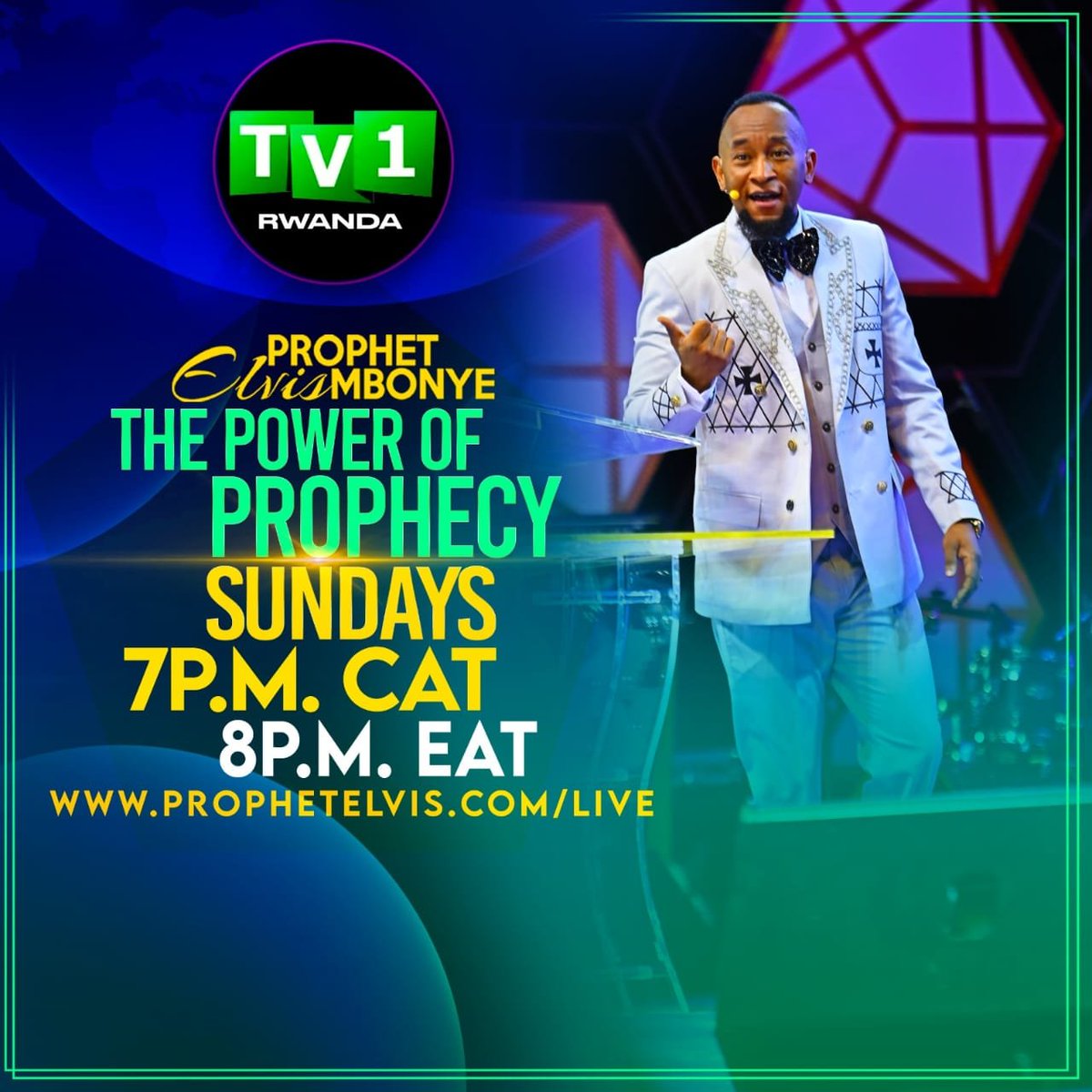 TV1Rwanda's tweet photo. 𝗧𝗛𝗘 𝗣𝗢𝗪𝗘𝗥 𝗢𝗙 𝗣𝗥𝗢𝗣𝗛𝗘𝗖𝗬. Catch Prophet Elvis Mbonye in an epic broadcast  Sunday 20th September 2026 at 7pm on TV1. 
Don’t miss out!
#ProphetElvisMbonye https://t.co/zd580ANogv