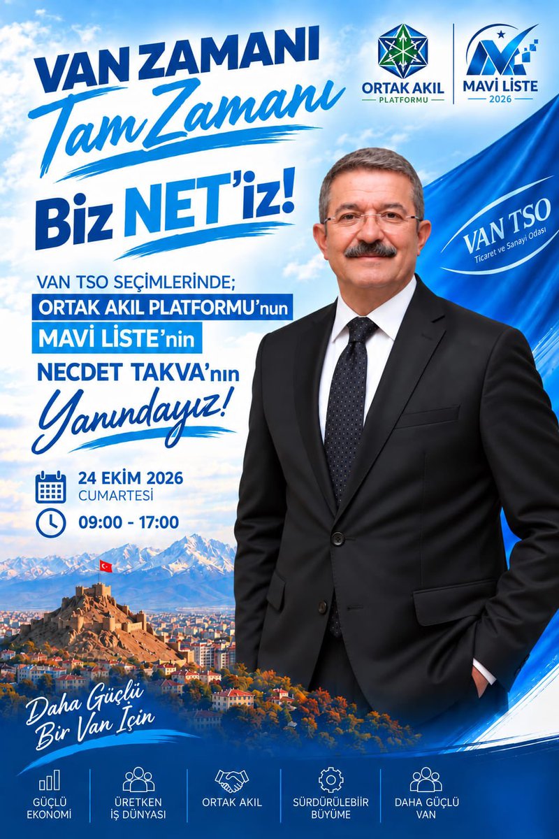 erdincpeker1's tweet photo. “Van’ın ticaret ve sanayi dünyasında yeni bir dönem için; ortak akıl, güçlü ekonomi ve üretken iş dünyası hedefleriyle yola çıkıyoruz. 💙

17. Meslek Grubu’nda Mavi Liste olarak, Necdet Takva’nın yanında; Van’ın geleceği için çalışmalarımızı sürdürüyoruz.

🤝 Ortak Akıl
🏗️ Üreten İş Dünyası
📈 Sürdürülebilir Büyüme
💙 Daha Güçlü Van

24 Ekim 2026 | 09.00–17.00”
@vanortakakil @NecdetTakva