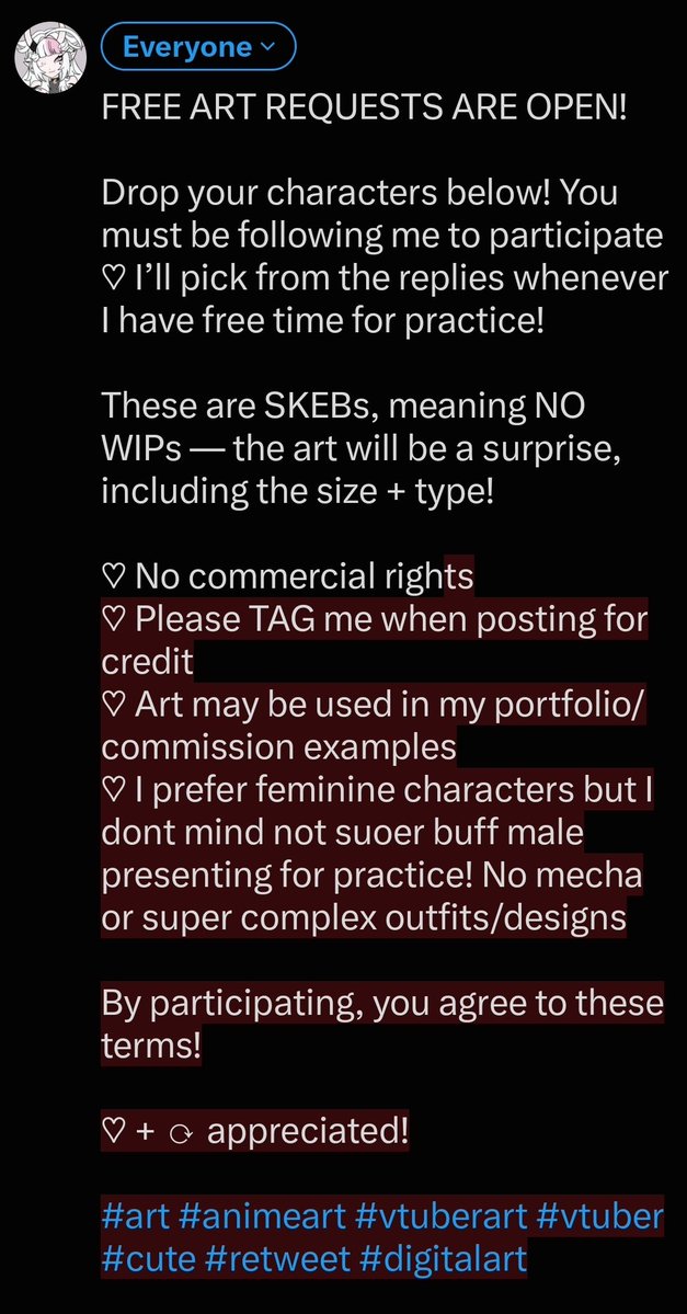 TrixyRavyn's tweet photo. Read the image!

Again, this is free art. Do not rush me or ask for updates, as they will be worked on in between owed work for practice.

No bot accounts, and please don't be upset if I don't choose you! I tend to choose designs that inspire me!

#art #animeart #vtuberart #vart https://t.co/JikdOznrLB
