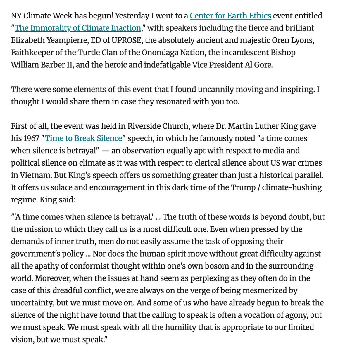 DoctorVive's tweet photo. A mixed @EndClimtSilence newsletter this time! I list where I'll be over NYC Climate Week but also meditate on MLK's confession: "Some of us who have already begun to break the silence of the night have found that the calling to speak is often a vocation of agony." 

*link below* https://t.co/rKbrP8PmlW