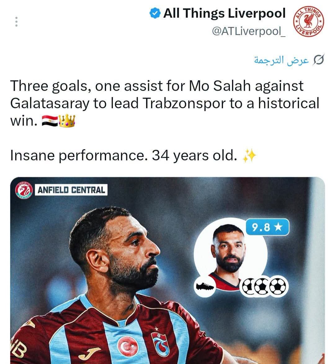 EgyProf's tweet photo. شبكة إنجليزية تابعة لنادي ليفربول 🚨

ثلاثة أهداف وتمريرة حاسمة لمحمد صلاح ضد جلطة سراي ليقود طرابزون سبور إلى فوز تاريخي. 🇪🇬👑

أداء مذهل. في سن الرابعة والثلاثين. ✨ https://t.co/LZstwXbcJI