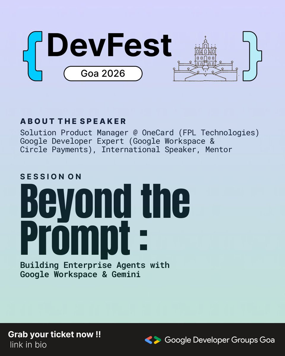 GDG_Goa's tweet photo. Meet Namrata More at DevFest Goa ‘26!

A Solution Product Manager at OneCard and Google Developer Expert, she will take us Beyond the Prompt with her session on Building Enterprise Agents with Google Workspace &amp; Gemini.

📅 10 October 2026 
🎟️ Tickets: Link in bio!

#DevFestGoa https://t.co/IlMHB6ru6p