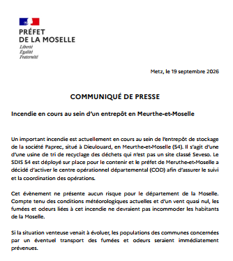 Image de Préfet de la Moselle - #Information : un incendie est actuellement en cours au sein d'un entrepôt de stockage situé à Dieul