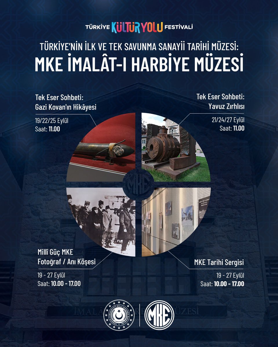 MKEgovtr's tweet photo. MİLLÎ MÜCADELEMİZİN İZLERİ, MKE’NİN ŞANLI TARİHİ İMALÂT-I HARBİYE MÜZESİNDE! 
 
Ülkemizin ilk ve tek savunma sanayii tarihi müzesi MKE İmalât-ı Harbiye Müzesi, Ankara Kültür Yolu Festivali etkinlikleri kapsamında misafirlerini bekliyor. 
 
📌 Yavuz Zırhlısından Geriye Kalanlar
📌 Bağımsızlığımızın Şahidi: Gazi Kovan 
📌 Asırlık Yolculuk: MKE Tarihi Gezisi 
 
🗓️ 19-27 Eylül 
📍 MKE İmalât-ı Harbiye Müzesi 
 
#MillîGüçMKE 🦾🚀🇹🇷