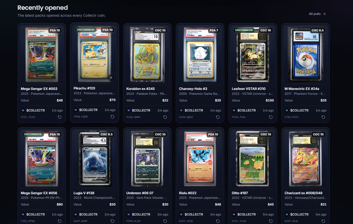collectrgg's tweet photo. The pull feed is filling up. 🔥

Gengar, Pikachu, Lugia, Umbreon… and a CGC 10 Leafeon VSTAR listed at $100.

$COLLECTR holders are building collections while the packs keep opening. Who’s getting the next hit? 👀

kkfhrRkYhft8fJArWZ2Q3Gm9DE435DpLH9CRxjuRXtv

https://t.co/5Sm0fff5sY