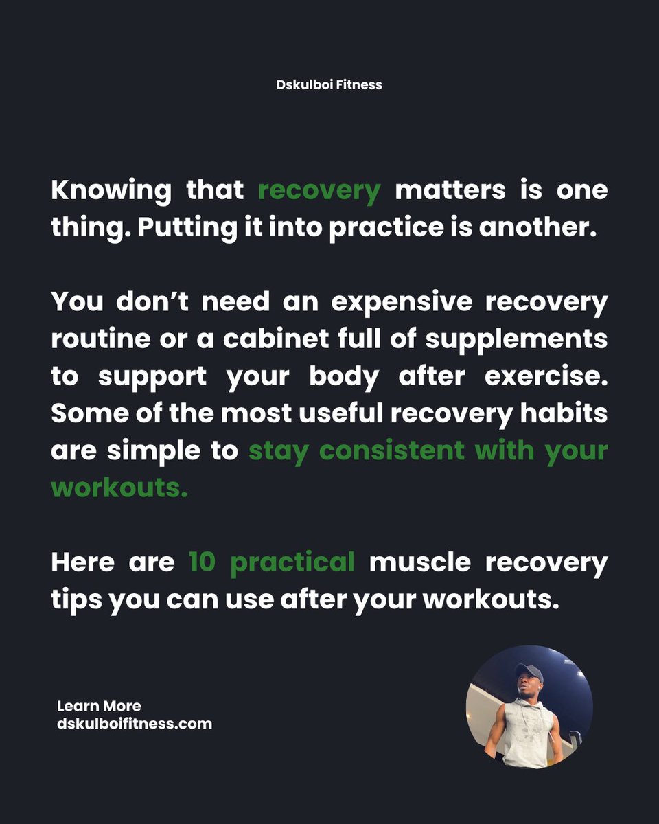 Dskulboifitness's tweet photo. Most people think muscle growth is all about having a good workout, but they don’t realize that their body still has work to do.
Here are 10 practical muscle recovery tips after a workout: here: https://t.co/MZTva6CMGd
#MuscleRecovery #RecoveryTips #FitnessAfter30 https://t.co/JEizZBIQGj