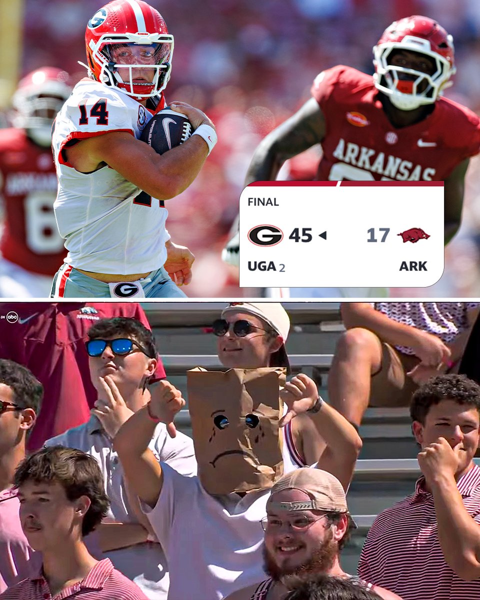 YahooSports's tweet photo. No. 2 Georgia took care of business against Arkansas in dominant fashion 💪

The Bulldogs start 3-0 for the 12th straight season 🐶 https://t.co/QlUdye7jio