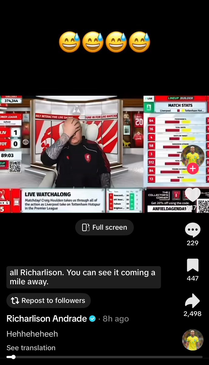HotspurLane's tweet photo. This afternoon, Richarlison posted a TikTok of the reactions of Liverpool fans after he scored against them for #THFC back in March. 🤨🇧🇷 https://t.co/Oqw7x3wLp1