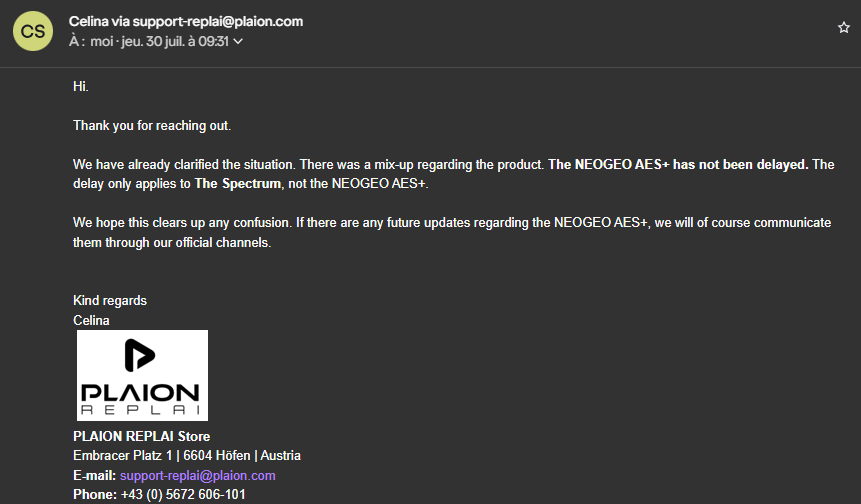 COTW_SNK_NeoGeo's tweet photo. PLAION had known for months that production was going off track, yet still publicly denied the delay while continuing to take preorders — now nearly 30 times higher than originally forecast.

But apparently, there was no problem with how customers were treated. Only with console production.

At TGS 2026, PLAION spent a lot of time explaining the Neo Geo AES+ delay through industrial issues: demand far beyond expectations, the original supply chain being unable to keep up, etc. What PLAION conveniently avoids addressing — and what journalists also seem to avoid asking about — is the fact that customers were misled for months in order to keep preorders as high as possible, even though the company already knew it would not be able to deliver on the originally announced schedule.

Preorders had already opened on April 16. Within just 24 hours, PLAION had received more preorders than its forecast volume for an entire year. The company therefore knew almost immediately that its production forecasts had been exceeded and that it would need to increase capacity.

On July 29, a Japanese retailer informed some customers that the release, originally scheduled for November 12, 2026, had been pushed back to September 17, 2027. The following day, PLAION explicitly denied the information, claiming it was a mix-up involving a Spectrum accessory. Yet the changes PLAION is now talking about — finding a new supplier, negotiations, redesigning the cartridges, and validating a new solution — obviously did not happen in a matter of days. The issue must therefore have been known and worked on for several weeks, if not several months.

Then, on September 9, 2026, 6 weeks after that denial, PLAION officially announced that the console had been delayed to September 17, 2027 — exactly the same date communicated by the Japanese retailer. Throughout that entire period, preorders remained open while the official release date was still listed as November 12. By TGS, preorders had reportedly reached around 30 times the original forecast.

So this goes far beyond a simple industrial delay or a lack of transparency. PLAION publicly denied information that ultimately turned out to be accurate, both in substance and in the date itself, while continuing to take customers’ money through preorders.

Technical problems can happen, and delays can be understood. Lying to your customers, however, destroys trust.

Under those circumstances, the clearest response from customers is to cancel their preorders and wait until the console is actually available before buying it. 

After all, PLAION now claims that production has been scaled to meet demand...

#NeoGeo #NeoGeoAESPlus #PLAION #SNK #TGS2026 @PLAION_JPN @PLAION