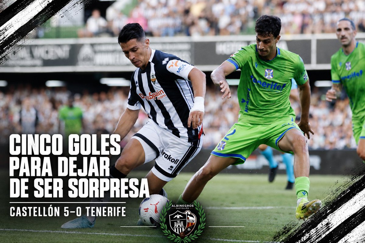AlbinegrosC's tweet photo. 💥 CINCO GOLES PARA DEJAR DE SER SORPRESA.

El Castellón arrolla al Tenerife (5-0), sigue invicto y manda con 16 puntos de 18. Barri, Orozco, Pablo Santiago y doblete de Camara.

📰 Crónica completa 👇
https://t.co/yNTrMfgPlV

#CDCastellón #SempreAlbinegres https://t.co/848vFOoj6t