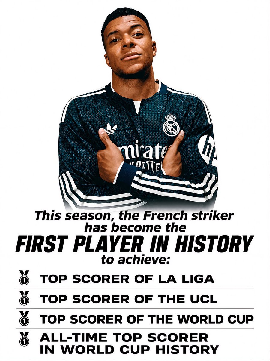mbappeworld98's tweet photo. HISTORY SHOULD BE REWARDED. 👑

Kylian Mbappé for the 2026 Ballon d’Or. 🌕🏆

🔥 71 G/A in all competitions
🥇 25 goals — La Liga top scorer
⭐ 15 goals — UCL top scorer
🌍 10 goals + 4 assists — World Cup
👑 22 World Cup goals — all-time record

THE CHOSEN ONE. 🇫🇷 https://t.co/0IVlVPvQu6