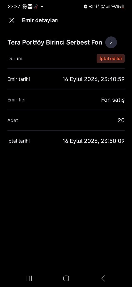 SYilmaz66653's tweet photo. @finansalozgur94 Usta benimki daha kötü sanırım 16 eylül akşamı satış verdim iptal olmuş ama 17 sinde benmi iptal ettim yoksa TEFAS mı onu bilmiyorum.Nereden öğrenebilirim? https://t.co/g73pUphY2Y