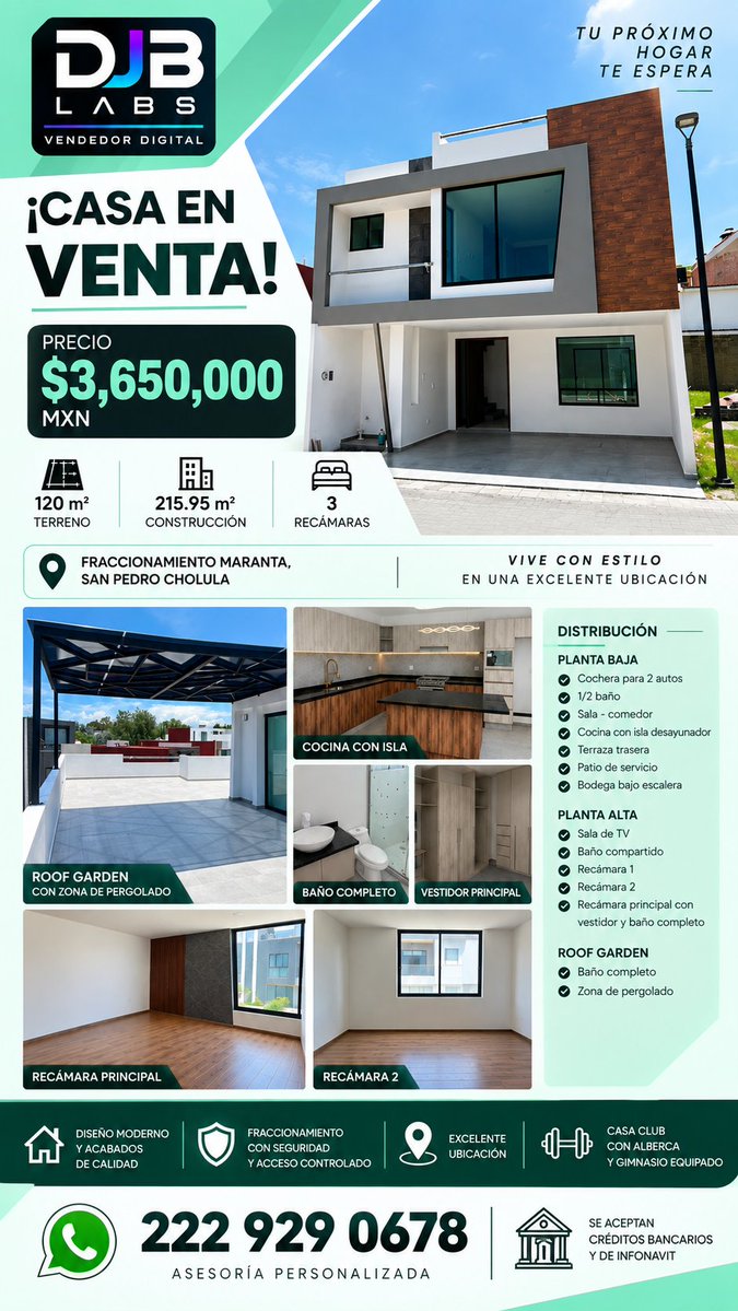 DJB_Digital's tweet photo. Fraccionamiento Maranta 🏡✨ 215.95 m² · 3 recámaras · roof garden con pergolado · casa club con alberca A 450 m de Plaza San Diego 📍 $3,650,000 Escríbeme por WhatsApp https://t.co/8r6E6swFTE 💬 #Cholula #Puebla #CasaEnVenta #Angelopolis #RealEstatePuebla #RoofGarden https://t.co/aqpIuNB5wX