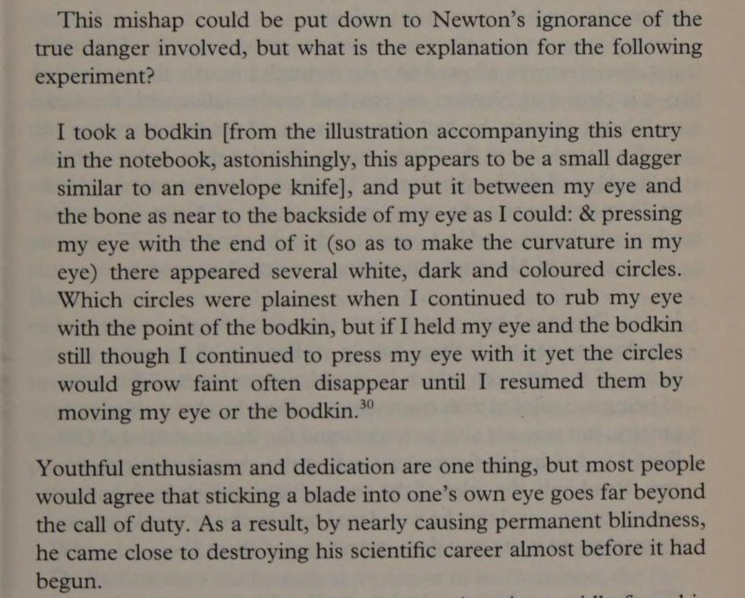 ortheion's tweet photo. Newton once pushed a bodkin behind his own eye, pressing it against the eye socket to observe the strange rings of light and colour produced by pressure. The experiment nearly blinded him, but he was willing to risk his sight to understand the very mechanism of vision. https://t.co/tvhrIhAVZl