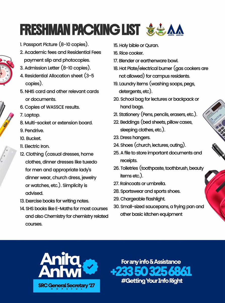 anitaantwi052's tweet photo. Welcome, freshers. 

As you prepare to report to campus, here’s a quick summary of the official packing list for your stay on KNUST Campus.

Pack smart, travel light, and get ready for an amazing start at KNUST!

📢#𝐆𝐞𝐭𝐭𝐢𝐧𝐠𝐲𝐨𝐮𝐫𝐢𝐧𝐟𝐨𝐫𝐢𝐠𝐡𝐭 https://t.co/x9B0TGiikp