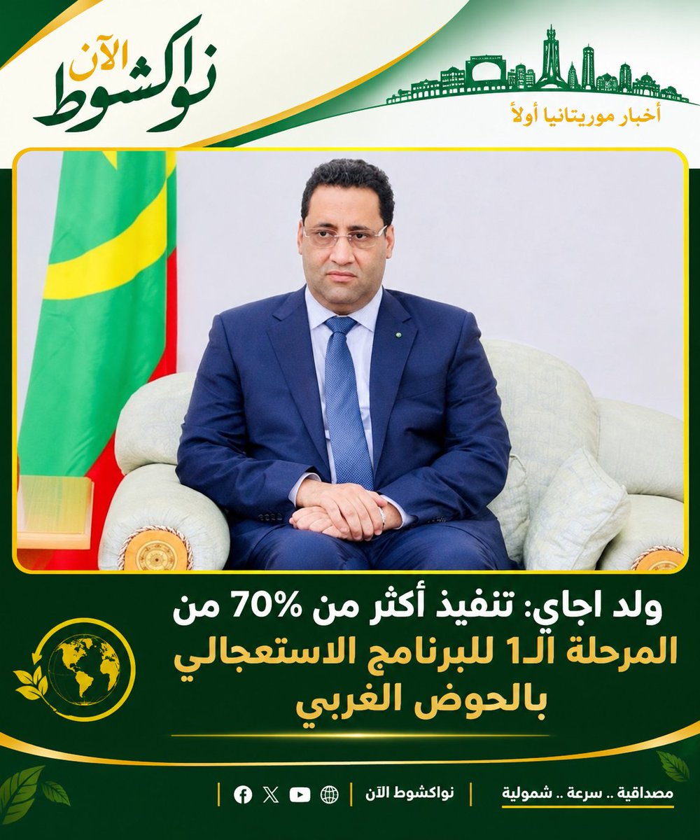 Nouakchottnow's tweet photo. قال الوزير الأول المختار ولد اجاي إن نسبة تنفيذ المرحلة الأولى من البرنامج الاستعجالي للنفاذ إلى الخدمات الأساسية والتنمية في ولاية الحوض الغربي تجاوزت **70%** بعد أقل من سنة على إطلاقه.
#نواكشوط_الان https://t.co/rZ8nlFK2Ak
