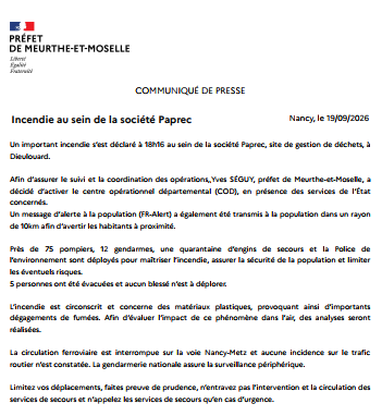 Image de Préfet de la Moselle - #Information : suite à l'incendie en cours à Dieulouard, en Meurthe-et-Moselle, le dispositif FR-Ale