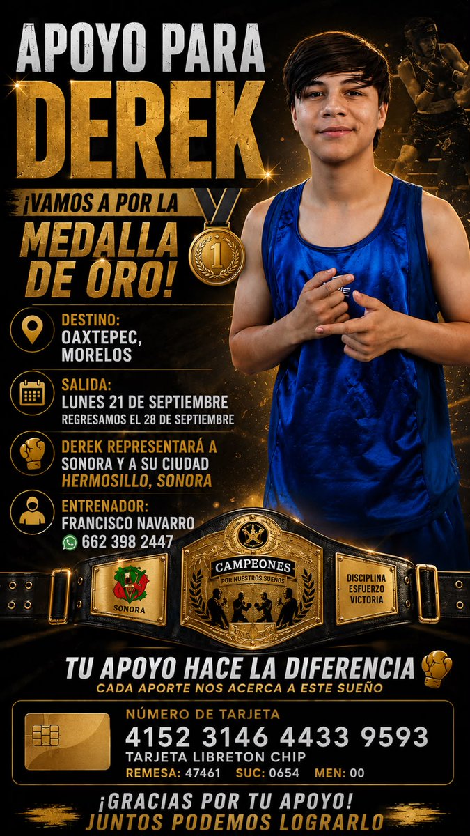elalbertomedina's tweet photo. 🥊 Desde las calles de #Hermosillo, Derek Omar busca llegar al Festival Olímpico de Boxeo

Con 16 campeonatos ganados, el joven boxeador sonorense Derek Omar Navarro busca representar a Sonora en el II Festival Olímpico de Boxeo, del 21 al 28 de septiembre en Oaxtepec, Morelos.

Para completar los gastos de transporte, Derek y el Team Navarro recorren Hermosillo ofreciendo dulces y postres a cambio de apoyo económico. Quienes deseen sumarse pueden comunicarse al 6623982447.

📹Yahaira Alejandra