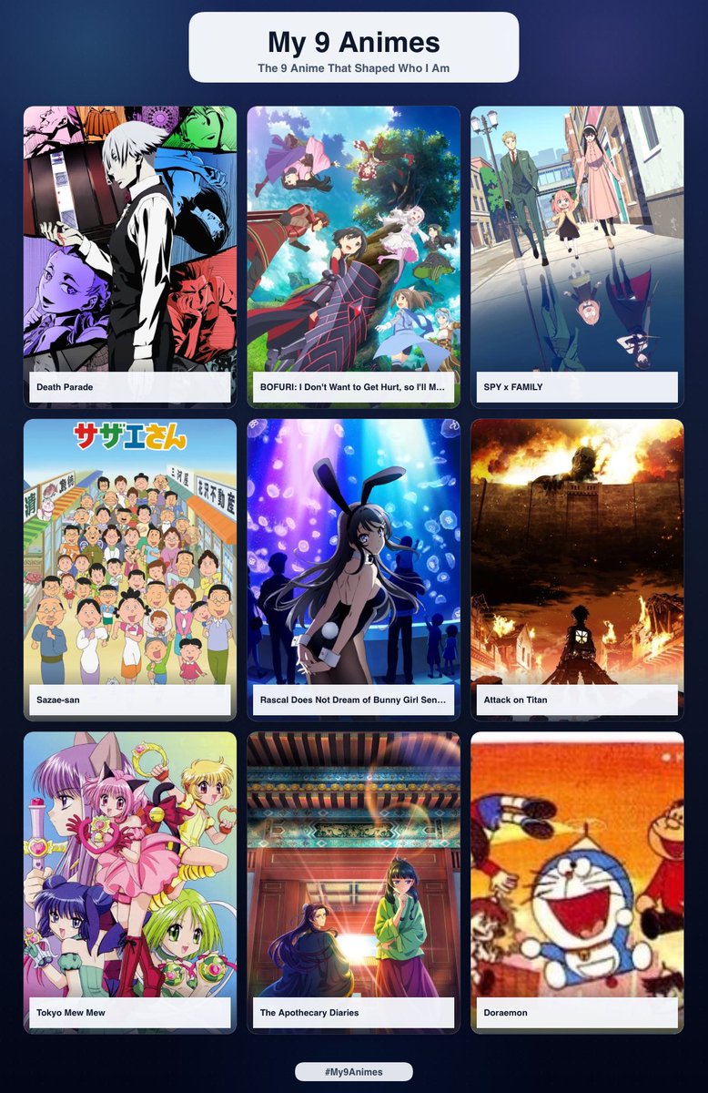 PanpekoVT's tweet photo. 9 anime that shaped me!!

i included some i grew up watching, and some that i’ve been loving recently!

my #1 is def death parade, an op has never topped the banger that is flyers

link to make your own: https://t.co/3allZVd539 https://t.co/AuRaXa3YGp