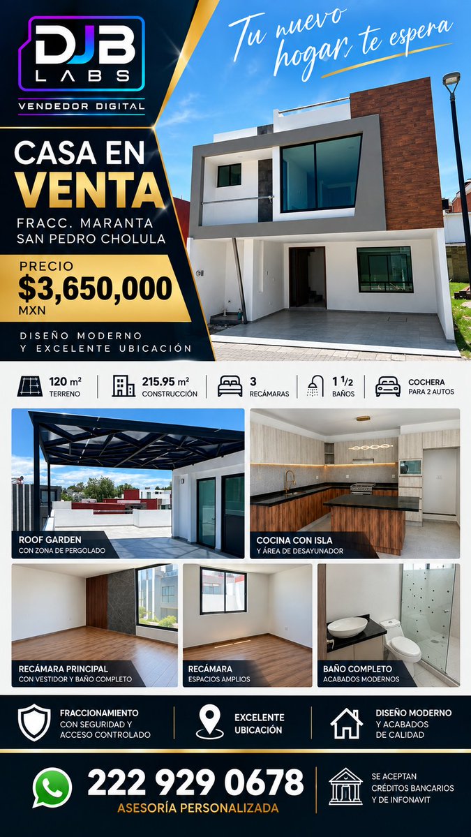 DJB_Digital's tweet photo. Fraccionamiento Maranta 🏡✨ 215.95 m² · 3 recámaras · roof garden con pergolado · casa club con alberca A 450 m de Plaza San Diego 📍 $3,650,000 Escríbeme por WhatsApp https://t.co/8r6E6swFTE 💬 #Cholula #Puebla #CasaEnVenta #Angelopolis #RealEstatePuebla #RoofGarden https://t.co/PAhziSOvu4