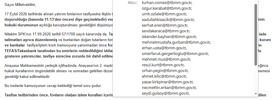 zihnin_piyasasi's tweet photo. Bugün iktidar ve muhalefetten milletvekillerine, 17 Eylül fon tasfiyesi sürecindeki ciddi hukuki belirsizliklerin TBMM gündemine taşınması talebiyle başvurumu ilettim.

Özellikle şu soruların cevaplanmasını istedim:

Tasfiye tedbirleri kamuoyuna yansımadan önce verilen ve aracı kurumlar tarafından TEFAS'a iletildiği belirtilen satış emirleri neden gerçekleştirilmedi, iradesiyle zararına fondan çıkmak isteyen ve emir veren yatırımcı sırf MKK e-yatırımcıya kaydı düşmediği için tasfiye sürecine hangi dayanakla dahil edilebilir?

Bu emirler SPK'nın 57/1708 sayılı kararındaki “verilmiş ancak gerçekleştirilememiş iade talimatları” kapsamında mı?

Bu yatırımcıların alacakları hangi tarih ve birim pay değeri üzerinden hesaplanacak?

Ve 2026/60 sayılı ilk tasfiye listesinde bulunmayan #THF neden işlemlere kapatıldı ve ardından 2026/61 sayılı Bültende tasfiye listesine eklendi?

Mesele herhangi bir siyasi parti meselesi değil. Hukuki güvenlik, belirlilik, şeffaflık ve yatırımcının zamanında ortaya koyduğu satış iradesinin korunması meselesidir.

Yatırımcı piyasa riskini üstlenir; fakat sonradan alınan bir karar nedeniyle önceden verdiği satış emrinin hukuki sonucunun belirsizleşmesi ayrıca açıklanmalıdır.

Şimdi milletvekillerimizden bu soruları SPK ve Hazine ve Maliye Bakanlığına TBMM denetim yollarıyla sormalarını bekliyoruz.

#TeraFonMağdurları #SPK #TEFAS