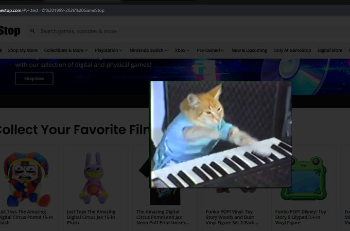 bbaoo777's tweet photo. Old memes are sending and I just found a hidden meme on the Gamestop website

If you scroll down to the bottom then press and hold the "©" logo, the "Keyboard Cat" meme pops up?  

This is the ONLY meme on their website which gamestop has added ever.  

https://t.co/Jei6nGQQQM https://t.co/evYBlFw2ox