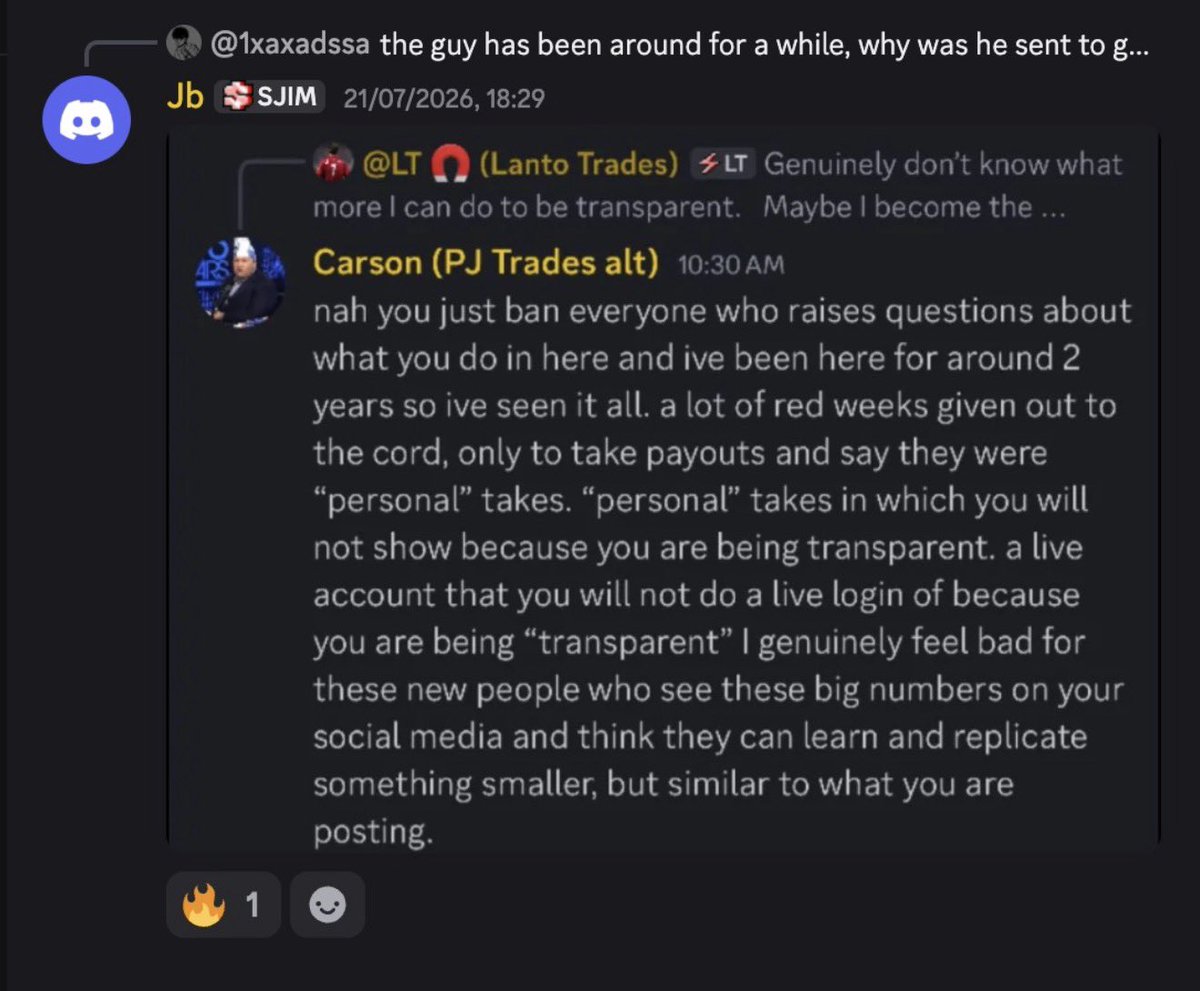 dontbsalti's tweet photo. lol some random acc from Plantos server is jsut doxxing everything 😭 

Might have to call this the Plantostein files. 

And this was one thing that I vocalized a year ago, was the lack of transparency around how many accounts was being churned. 

And the lack of execution/positions being visible. 

That’s it. That’s all I said. 

A PnL doesn’t paint the full picture. And it ends up just being a funnel because you go into the discord thinking you’re gonna make all this money, and you go use their code to buy accounts.