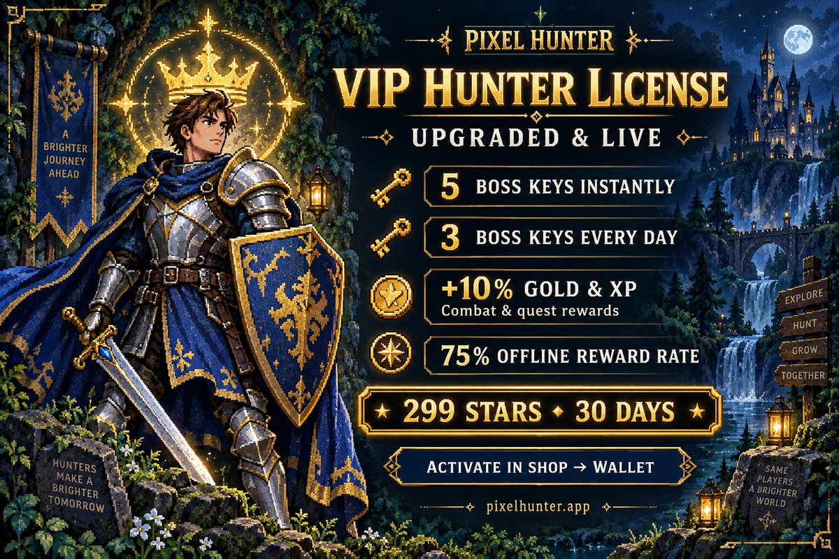 pixelhunterlab's tweet photo. 👑 VIP just leveled up.
🔑 5 Boss Keys instantly
🗓️ Claim 3 keys daily
⚔️ +10% Gold &amp; XP from combat and quests
🌙 75% offline reward rate
⭐ 299 Stars · 30 days
Activate in Shop → Wallet.
Your next hunt starts here: https://t.co/gmU0bw0eQr

#PixelHunter https://t.co/3vxUzod5fo