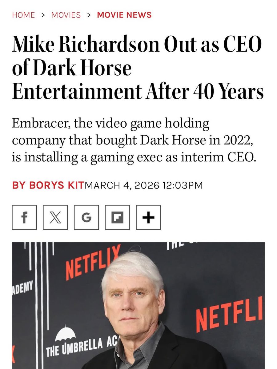 edsonics's tweet photo. It’s sad news. To me, Dark Horse was synonymous with Mike Richardson. When I was starting out in comics, I knew it was the place where creators went for independent projects. It was the only publisher I considered for Hellboy. I’m not sure Mike even ... https://t.co/ZWMpevn5hc
