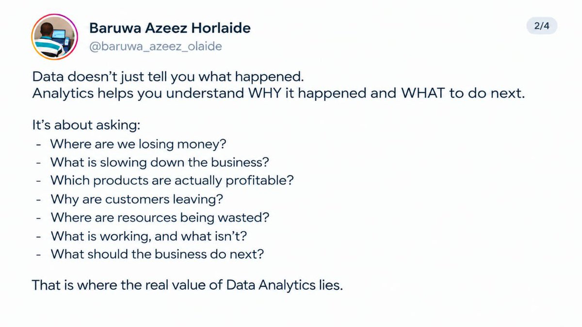 Baruwaazeez_o's tweet photo. Data analytics isn't just about numbers, SQL query or Dashboard!!!
#hirunkit_ #DataAnalytics #الرياض #sql #fypシ゚viral https://t.co/Y4HNpyDCEG
