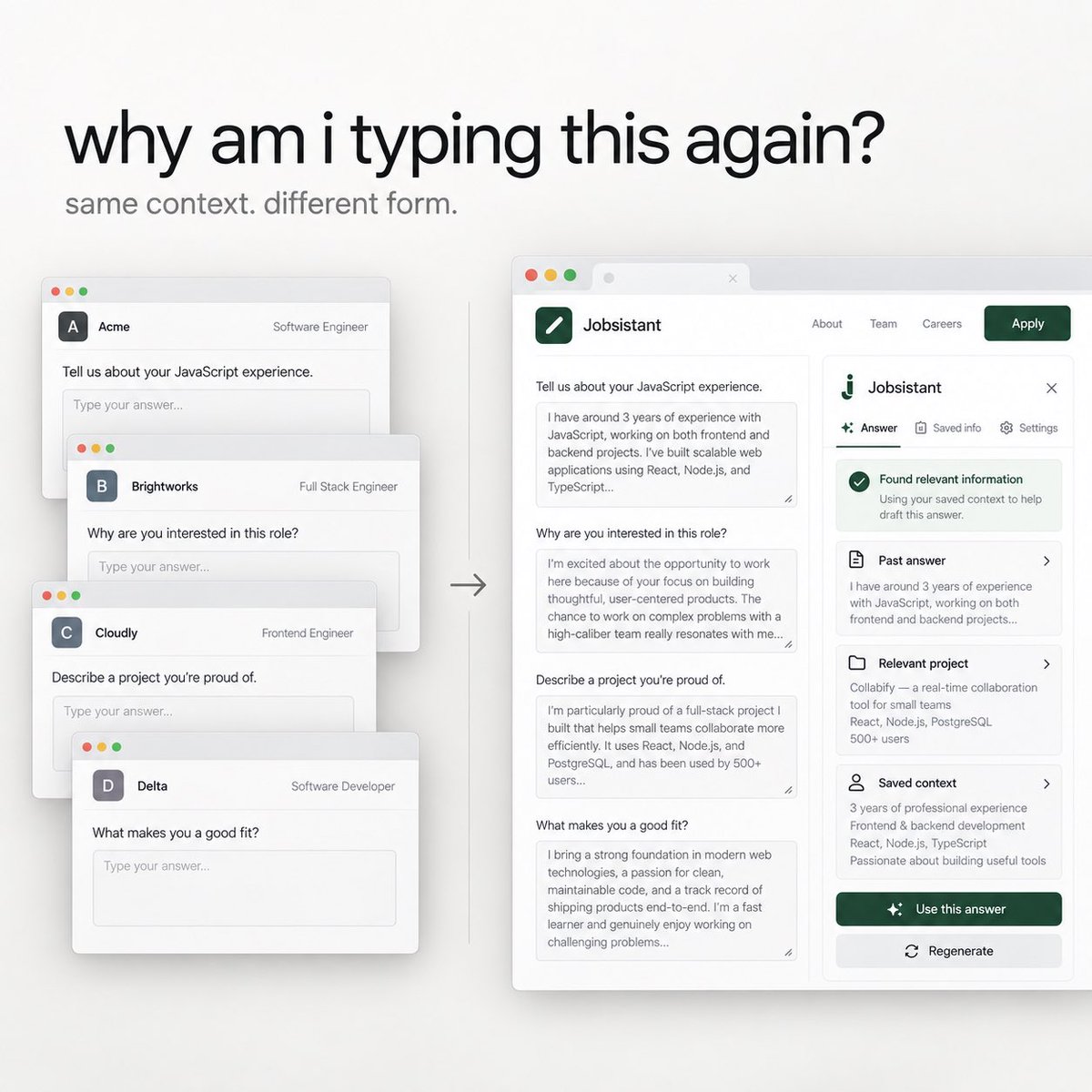 Jobsistant's tweet photo. Every job application asks for the same things.

Your experience. Your projects. Your skills. Why you’re a fit.

The form changes. Your context usually doesn’t.

That’s why we built Jobsistant.

Never type the same job application answer twice.

#jobsistant #ai #autofill #jobs https://t.co/SZEZVyW8eJ