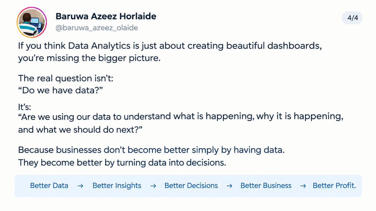 Baruwaazeez_o's tweet photo. Data analytics isn't just about numbers, SQL query or Dashboard!!!
#hirunkit_ #DataAnalytics #الرياض #sql #fypシ゚viral https://t.co/Y4HNpyDCEG