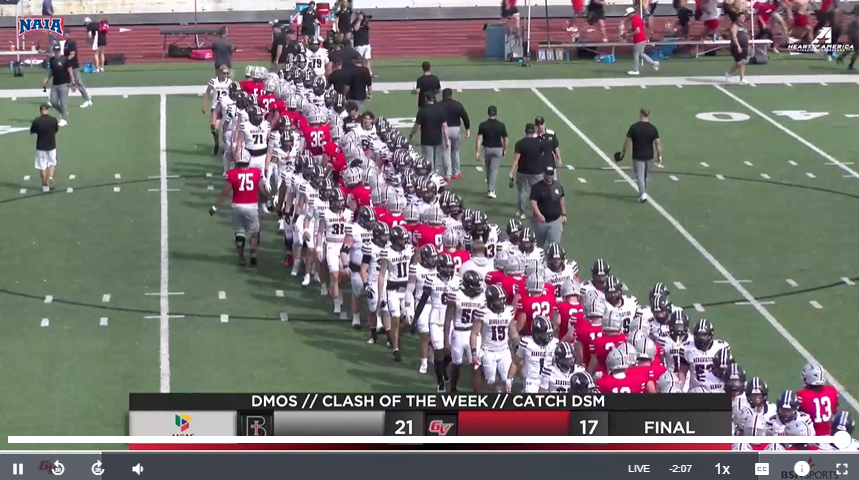 NAIAFootballVSN's tweet photo. No. 9 Benedictine has knocked off No. 1 Grand View, 21-17. The Ravens end the @GVVikingFB  win streak of 73 straight regular season contests. It's also ends their 32 game overall win streak. Great win by @RavenFootballBC https://t.co/Y9vVNU88XU