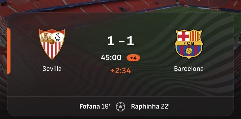 iamLatAnifowose's tweet photo. The game remains 1-1 at halftime between Sevilla and Barcelona
#SEVFCB https://t.co/wkEKm7rxrQ