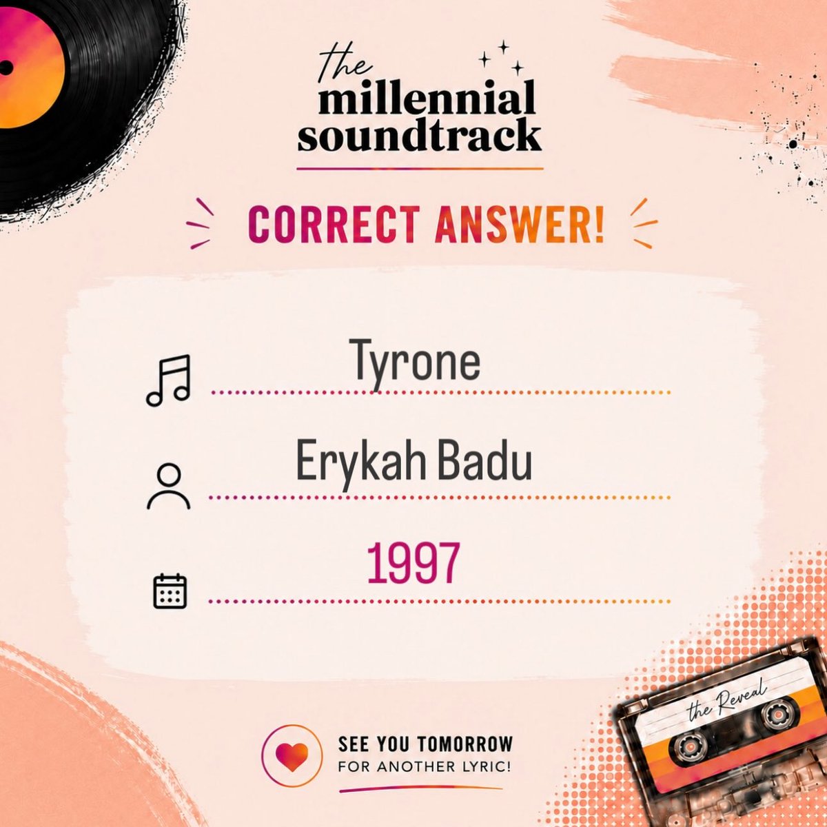 MableWaynick's tweet photo. Yesterday morning’s reveal: “Tyrone” by Erykah Badu. Did you guess correctly? Share your answer in the comments. If not, don’t worry. Come back tonight for another lyric challenge and last night’s reveal. https://t.co/wQGaCitLR0