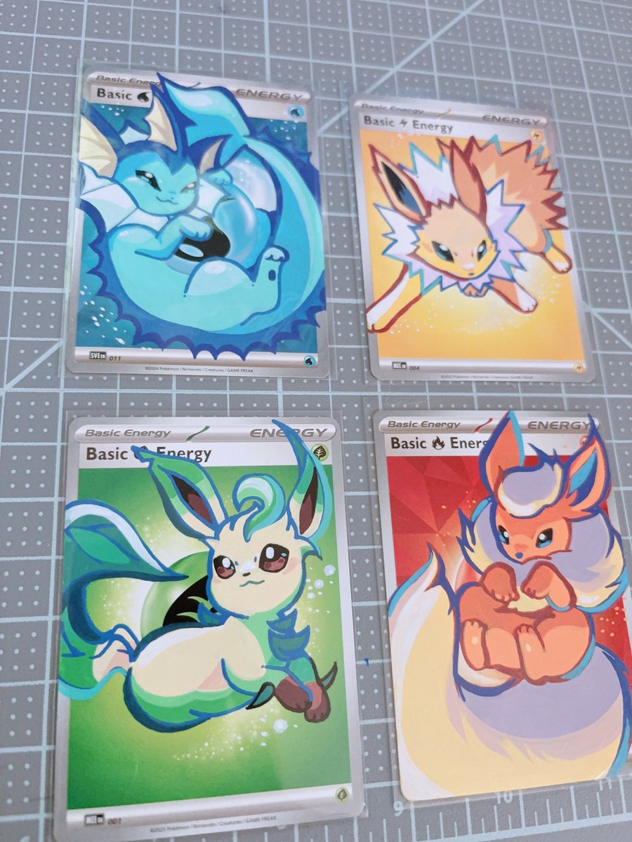 Kajackies's tweet photo. Some eeveelution custom pokemon cards! 🌊🔥🌱 https://t.co/jMJNjAFx1d