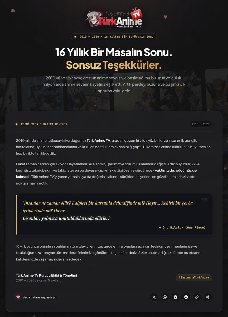 Tensura_tr's tweet photo. 📣 TÜRK ANİME TV KAPANDI — "16 Yıllık Bir Masalın Sonu. Sonsuz Teşekkürler."

o7 TürkAnime’yi kaybettik. Her şey için sonsuz teşekkürler. ❤️ #SayonaraTurkAnime https://t.co/tQDND4HHGG