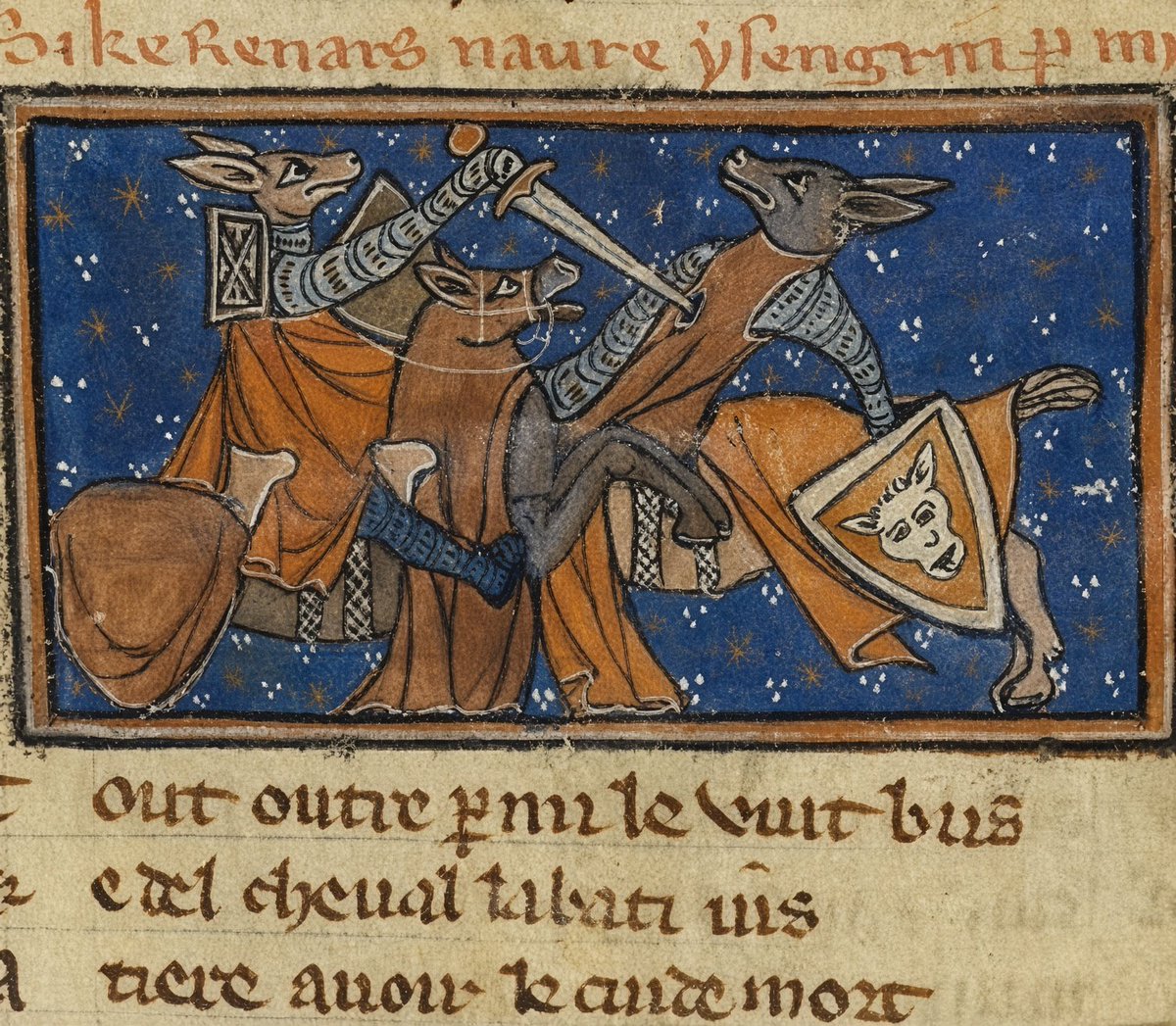 AeresChronicles's tweet photo. People still remember Reynard the fox (echoes of him are in Fox McCloud and Nick Wilde even today,) but many folk have forgotten about the wolf who came before him: the legendary Ysengrimus, also called Isengrim. 

His and Reynard's stories were so popular that they transcended cultural boundaries; some people were even obsessed by them. They could be considered early examples of "pop culture" icons. In his time, the wolf was apparently so popular that people would hang pictures of him in their houses (an early Western example of secular "fan art.") This was a good 200 years before Robin Hood hit his stride. 

In the medieval period, Isengrim was written as an anthropomorhic satire poking fun at aristocracy, corrupt monarchy, and misguided church leaders. He's a decidedly medieval wolf: obsessed with power, prideful, arrogant, and with a ravenous hunger for flesh... but he's also short-sighted and easy for the clever Reynard to trick.

The "magnum opus" of Isengrim the wolf and his introduction to Reynard is a seven-volume Latin poem written in Flanders, in or near 1149 AD, and it's often attributed to the cleric Nivard of Ghent. It's a brutal satire where all manner of disasters befall Isengrim, from being beaten and tortured to ultimately devoured by the very animals he wants to eat. The poem is filled with tales meant to illustrate his ravenous wolf-like nature, which becomes his undoing (there's one where he goes to school to learn Latin but all he can think about is food... he can't stop being a wolf even when he wants to).

He becomes a monk for a similar reason: he thinks he'll find food in the monastery, only to see himself whipped and kicked out instead. 

Unlike the Big Bad Wolf, Isengrim and Reynard are mostly civilized creatures, living in their own anthropomorphic medieval world and going about their daily lives as people of their station would do (albeit with a lot of church and court politics involved.) But their world is merely a facade: Isengrim wears a civil mask, but in the end, he's nothing more than a gluttonous, vain wolf who gets his comeuppance. 

It's possible that the Sheriff of Nottingham in Disney's Robin Hood was chosen to be a wolf out of vague inspiration from Isengrim. It's also likely that Maugrim, the Captain of the Secret Police in C.S. Lewis's the Lion the Witch and the Wardrobe, was based on him, but Lewis never stated it explicitly. 

From a fantasy or D&D perspective, if Isengrim was brought into your game, he would be an example of an anthropomorphic animal character done right. He can't easily be swapped for a human, because despite outwardly acting like a human on the surface, in truth he's a forest beast driven by instincts that he barely tries to suppress. In our upcoming animal adventure, I resurrect him as the sadistic Ghralmir, Captain of the King's Elite, the Isenwulfr. #fantasy #ttrpgs