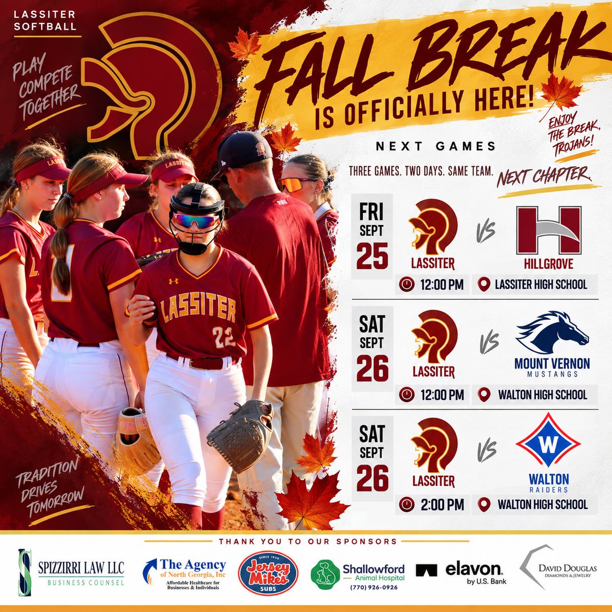 LassiterFastpi1's tweet photo. Fall Break is officially here! ๐๐ฅ
A little time to recharge before the Trojans get right back to work with 3โฃgames waiting on the other side. ๐ฅ
Enjoy the break, Trojans because next weekend, weโre back at it. โค๏ธ๐
#LassiterSoftball #GoTrojans #TrojanPride #FallBreak https://t.co/2nZDriJYQy