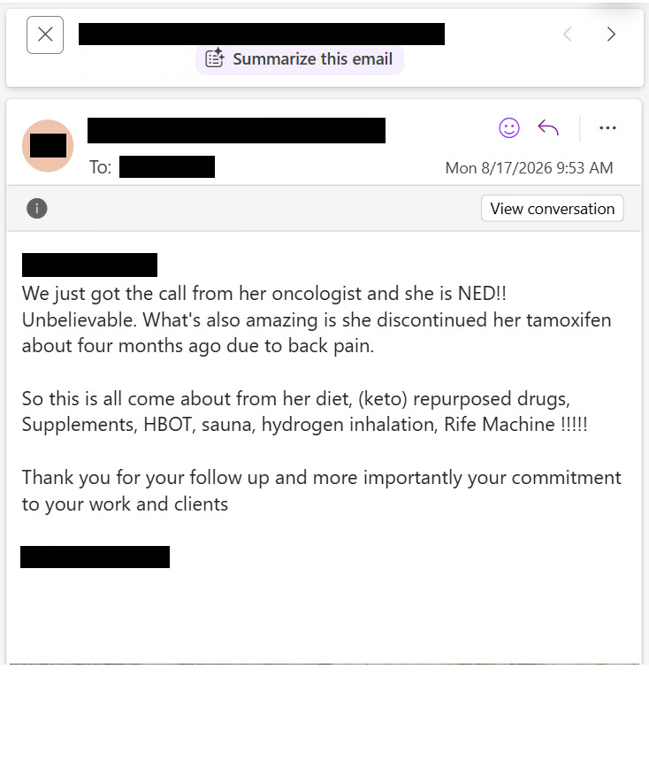 MakisMedicine's tweet photo. NEW ARTICLE: IVERMECTIN, FENBENDAZOLE, HBOT, High dose Vitamin C Testimonial - 52 year old North Carolina Woman with Neuroendocrine Breast Cancer reports after 12 months

Another Breast Cancer success! 😃

STORY:
52 year old North Carolina Woman with Neuroendocrine Breast Cancer, metastatic to spine, pelvis, ribs and lymph nodes

In August 2025 she started:

Ivermectin 1mg/kg/day
Fenbendazole 1500mg/day
CBD Oil 100mg/day

“She is also doing HBOT 2.0 ata treatments 3-4/week along with High Dose Vit C (before HBOT sessions once week), Low sugar diet, Sauna, Hydrogen inhalation, PEMF mat, and many supplements.”

Results after 12 months: NED!

There are so many anti-cancer modalities that big Cancer Centers should be studying with their $50 billion in Cancer Research funding and grants.

HBOT
High Dose Vitamin C
Keto or low sugar diet

Well, huge moves are being made on the repurposed drug front:

7 Ivermectin & Cancer Clinical Trials (6 in Florida)
7 Mebendazole Clinical Trials
4 Niclosamide Clinical Trials
14 Melatonin Clinical Trials

There is not a single mainstream Oncologist who tells their cancer patients about these Clinical Trials. Do you know why?

They represent 99.9% revenue loss, and in some cases, 99.99% revenue loss.

Big Pharma's Cancer Drug Industry is about to be shaken up and changed. Forever. 😃

And there is nothing they can do about it.