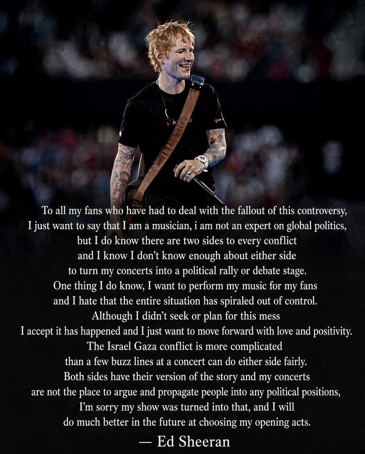 IrvingGatell's tweet photo. Muchos se quejan de que esta postura neutral lo vuelve cómplice de no sé qué.
Pero no.
Ed Sheeran es PROFUNDAMENTE SENSATO Y COHERENTE.
Reconoce que no por ser famoso entiende el conflicto.
Todos los pinches artistas pedorros deberían seguir su ejemplo. https://t.co/GTDVBDEjdx