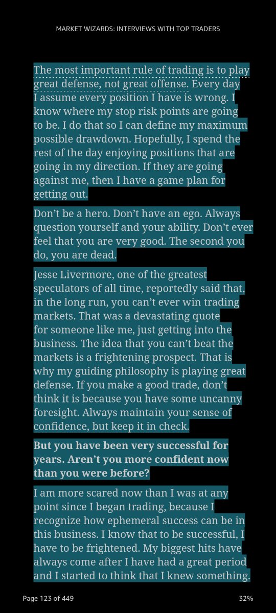 Gaurav_Cx10's tweet photo. Paul Tudor Jones :The Art of Aggressive Trading
Jack : What are the trading rules you live by?
PTJ: Don’t ever average losers. Decrease your trading volume when you are trading poorly; increase your volume when you are trading well. Never trade in situations where you don’t have control. For example, I don’t risk significant amounts of money in front of key reports, since that is gambling, not trading. If you have a losing position that is making you uncomfortable, the solution is very simple: Get out, because you can always get back in. There is nothing better than a fresh start.The most important rule of trading is to play great defense, not great offense. Every day I assume every position I have is wrong. I know where my stop risk points are going to be. I do that so I can define my maximum possible drawdown. Hopefully, I spend the rest of the day enjoying positions that are going in my direction. If they are going against me, then I have a game plan for getting out. Don’t be a hero. Don’t have an ego. Always question yourself and your ability. Don’t ever feel that you are very good. The second you do, you are dead. Jesse Livermore, one of the greatest speculators of all time, reportedly said that, in the long run, you can’t ever win trading markets. That was a devastating quote for someone like me, just getting into the business. The idea that you can’t beat the markets is a frightening prospect. That is why my guiding philosophy is playing great defense. If you make a good trade, don’t think it is because you have some uncanny foresight. Always maintain your sense of confidence, but keep it in check