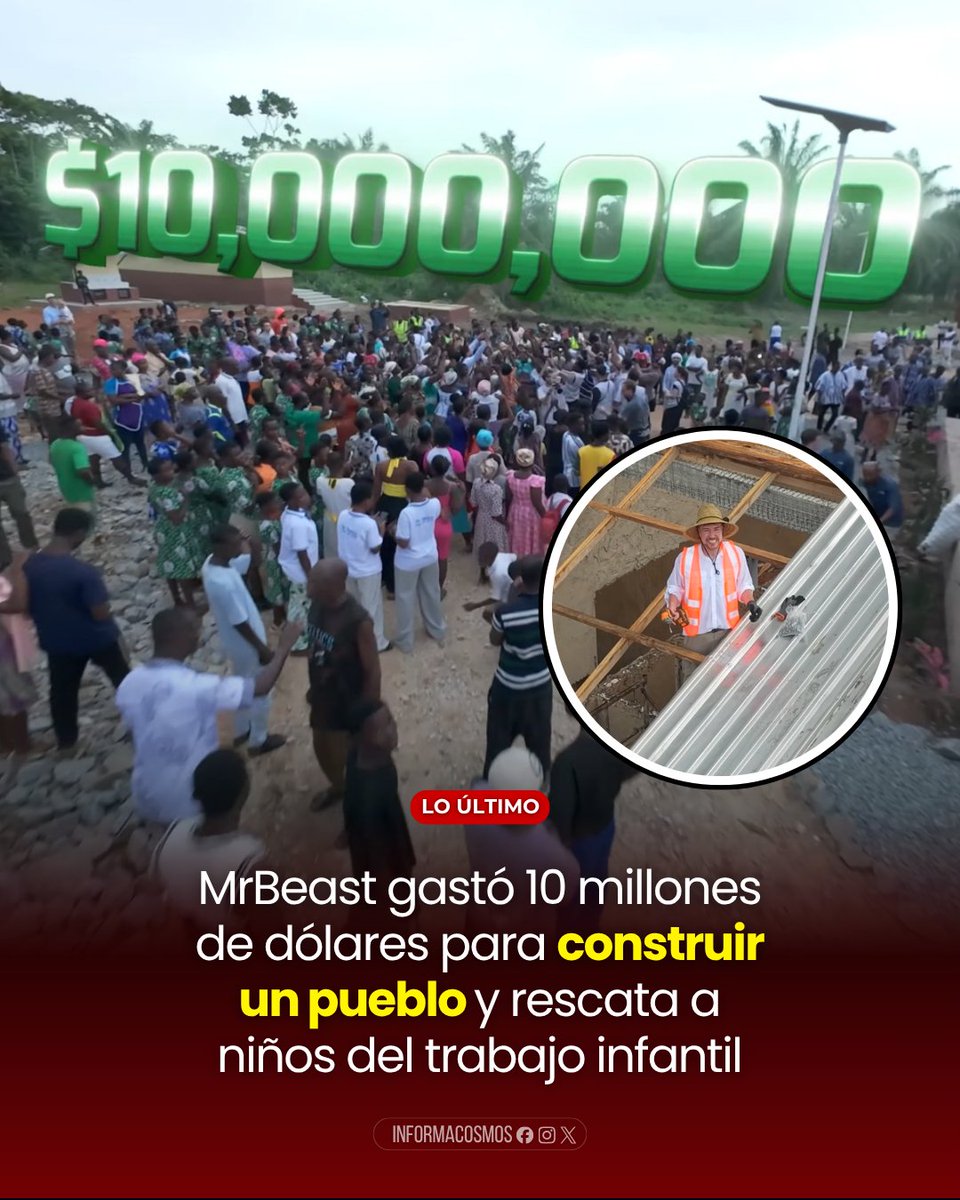 InformaCosmos's tweet photo. 🇬🇭 LO ÚLTIMO: MrBeast presentó el proyecto más grande de su carrera: un pueblo autosostenible construido en Ghana para ayudar a sacar a cientos de niños del trabajo infantil en las plantaciones de cacao.

La comunidad cuenta con una escuela para más de 300 estudiantes, una clínica médica, 10 viviendas para maestros, agua potable, energía solar, un mercado comunitario y comidas gratuitas para todos los alumnos durante los próximos cinco años.

El proyecto también busca ofrecer nuevas oportunidades a las familias mediante empleo, infraestructura y acceso a servicios básicos, con el objetivo de que los niños permanezcan en la escuela en lugar de trabajar.
