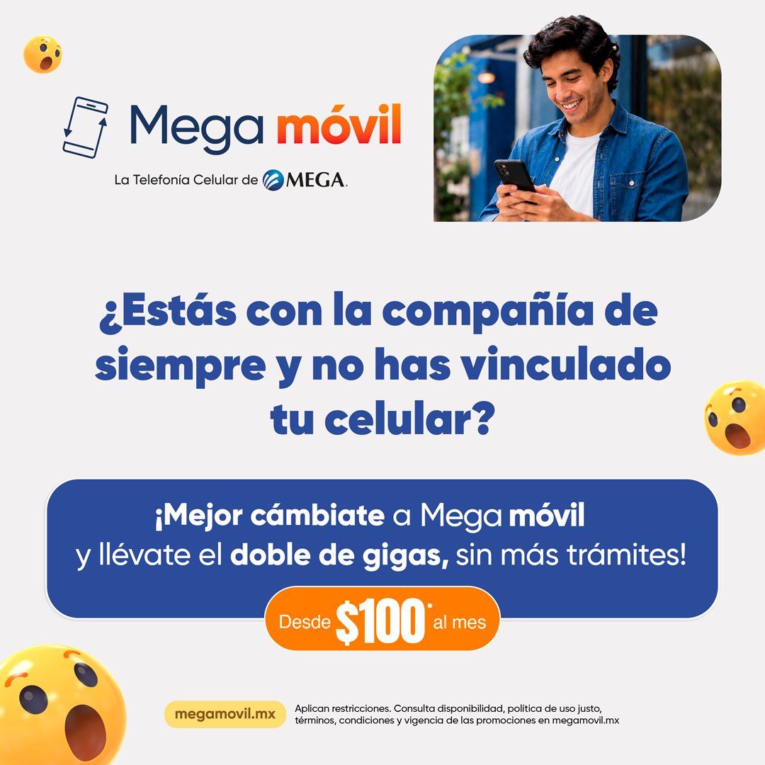 Megacable's tweet photo. ¿Todavía estás con la compañía de siempre y no has vinculado tu número? 
 
¡Mejor cámbiate a Mega móvil y disfruta el doble de gigas! 📱🤩
Sin más trámites, desde $100* al mes. 
 
🌐 Conoce más en https://t.co/7Om9ZXF7Zg https://t.co/khHc50aA5I