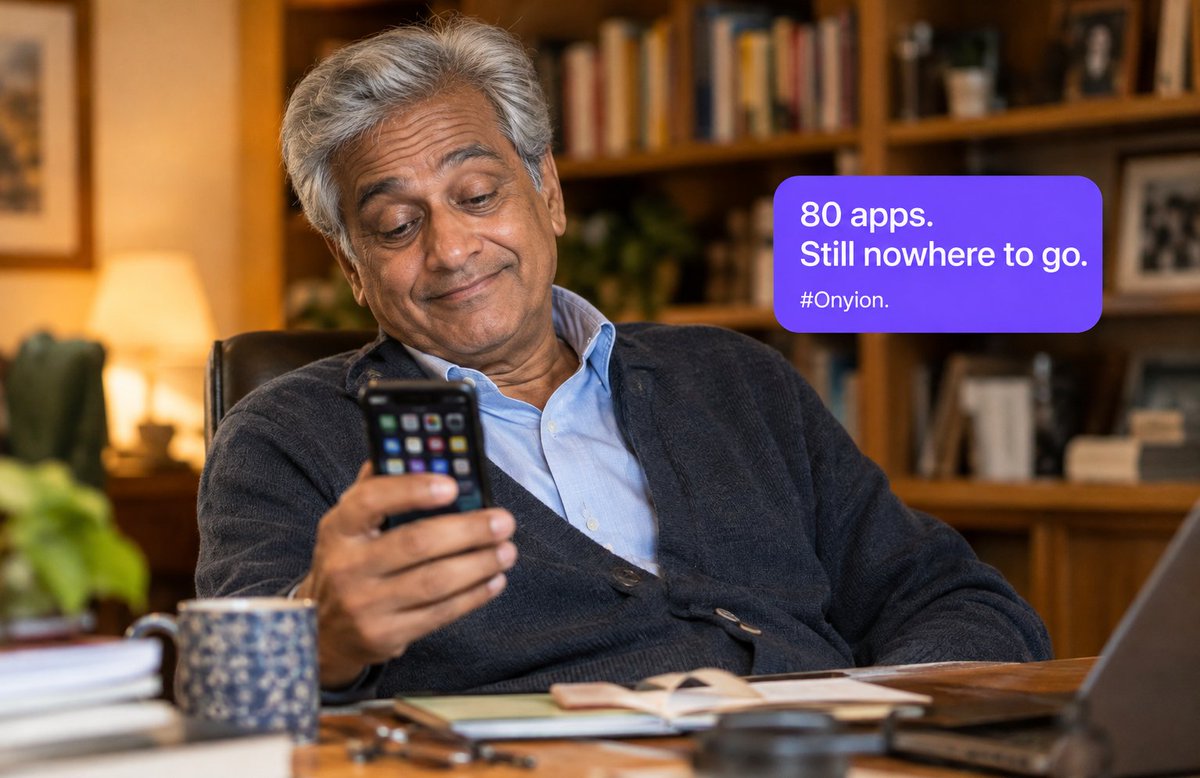 Onyionone's tweet photo. I watched my uncle scroll through his phone last weekend looking for something to actually do with his evening. 

Four screens of apps. Banking, news, three different delivery apps, two he couldn't even remember downloading.

Read more...https://t.co/USDTwpaPM4

#Onyion https://t.co/fSwu5w2gaT