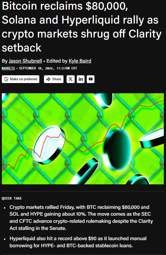 dashiellvosh's tweet photo. Bitcoin took 80 back on the week while sol added 9 and hype added 15, and hype got there on its own lending launch. the senate stalled and the agencies kept writing anyway. the cftc has already sent its crypto rules to the white house.

https://t.co/LIM4MG0oH6 https://t.co/K9TmU6JlR4