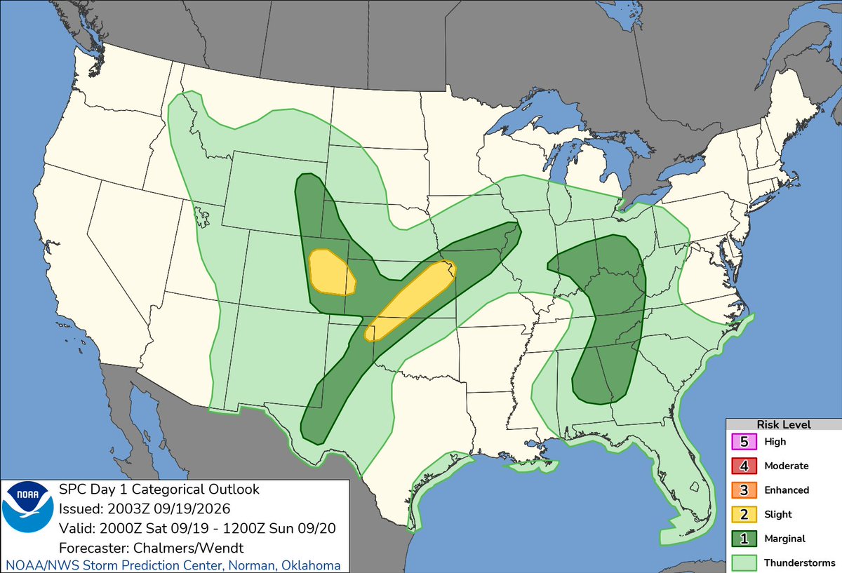 NWSSPC's tweet photo. 3:05pm CDT #SPC Day1 Outlook Slight Risk: ACROSS PARTS OF THE CENTRAL PLAINS AND CENTRAL HIGH PLAINS https://t.co/TgJgC6cj9Y https://t.co/BqpdamY9Ym