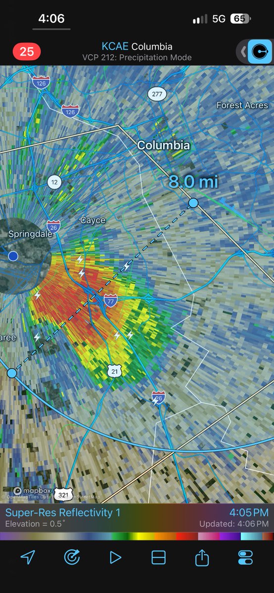 ChrisJacksonSC's tweet photo. I’m not going to talk about the weather anymore bc this storm in Cayce is 2 miles across and 1.8 miles wide but is throwing more lightning bolts than Zeus could ever dreamed he could, and is moving away from Williams-Brice at the speed of molasses in January. 

Mother Nature is really testing my patience today. 

Like for 90 mins all these storms have been trash rain showers but the last one has to suddenly intake some of Gaston’s finest Meth and it goes beserk. 

It’s gonna probably be 4:45-5:15 before kickoff thanks to this asshole. 

I need a beer. Go cocks.